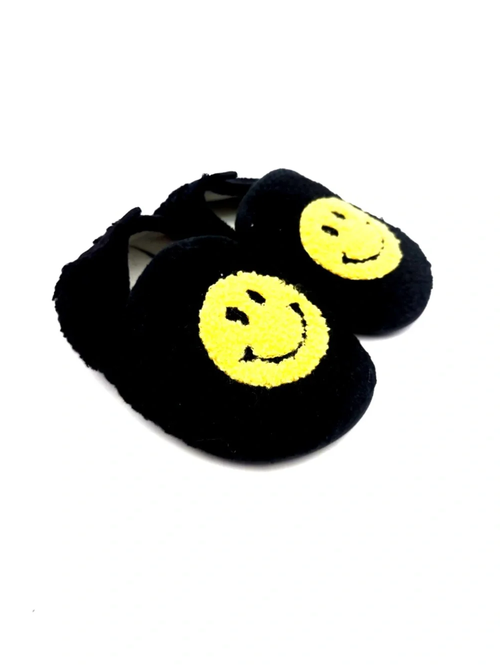 Baby Slipper Shoes Size 6/7 Unisex Black Slip On Rubber Bottoms Smilie Face
